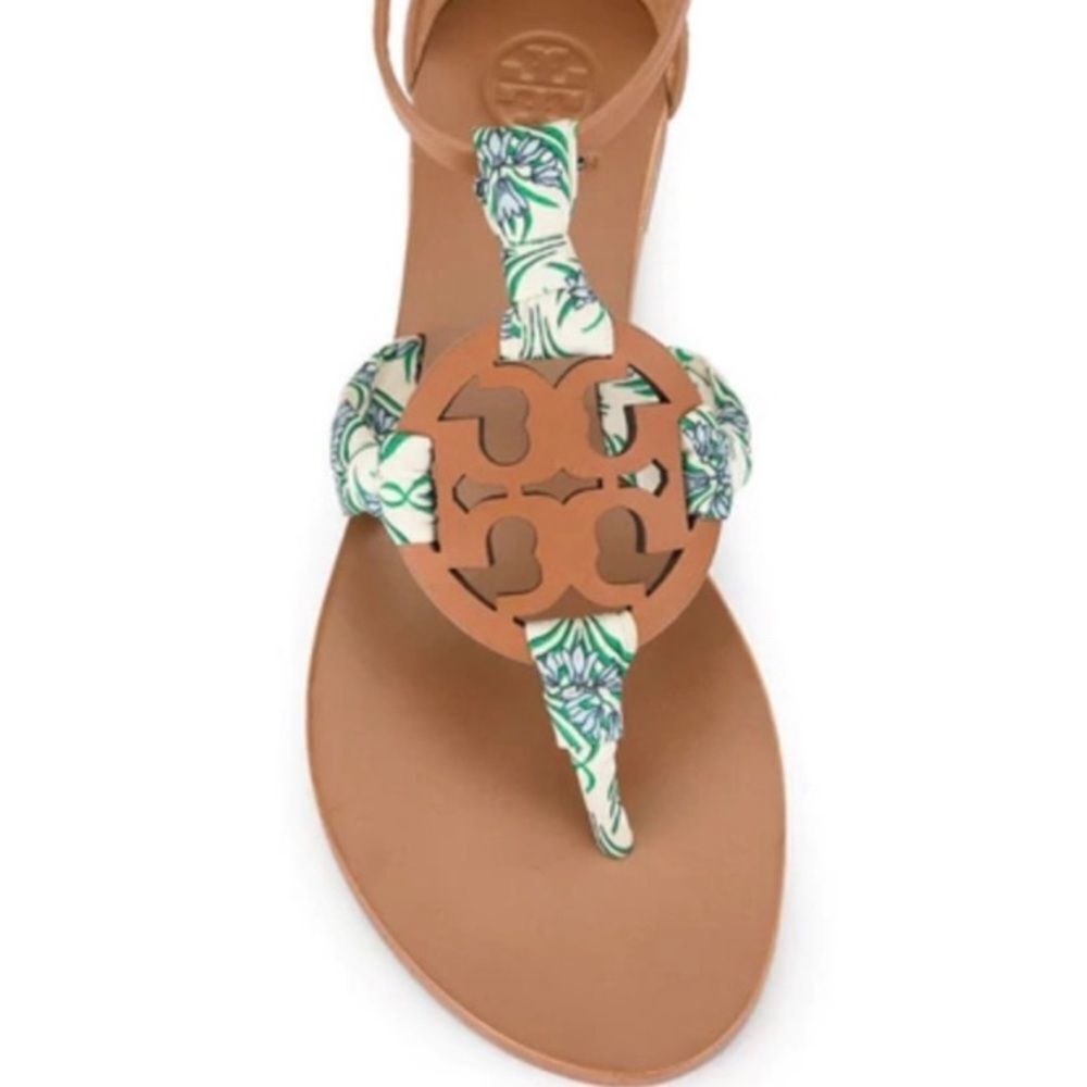 Tory burch leather logo blue Meridian floral fabric miller scarf ankle sandals - Picture 2 of 11